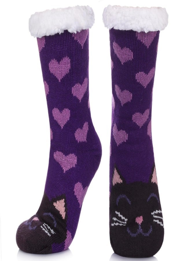POEATEZO Womens Slipper Socks Soft Warm Fluffy Winter Fleece Lined Sherpa Socks (Purple Cat) - Image 1